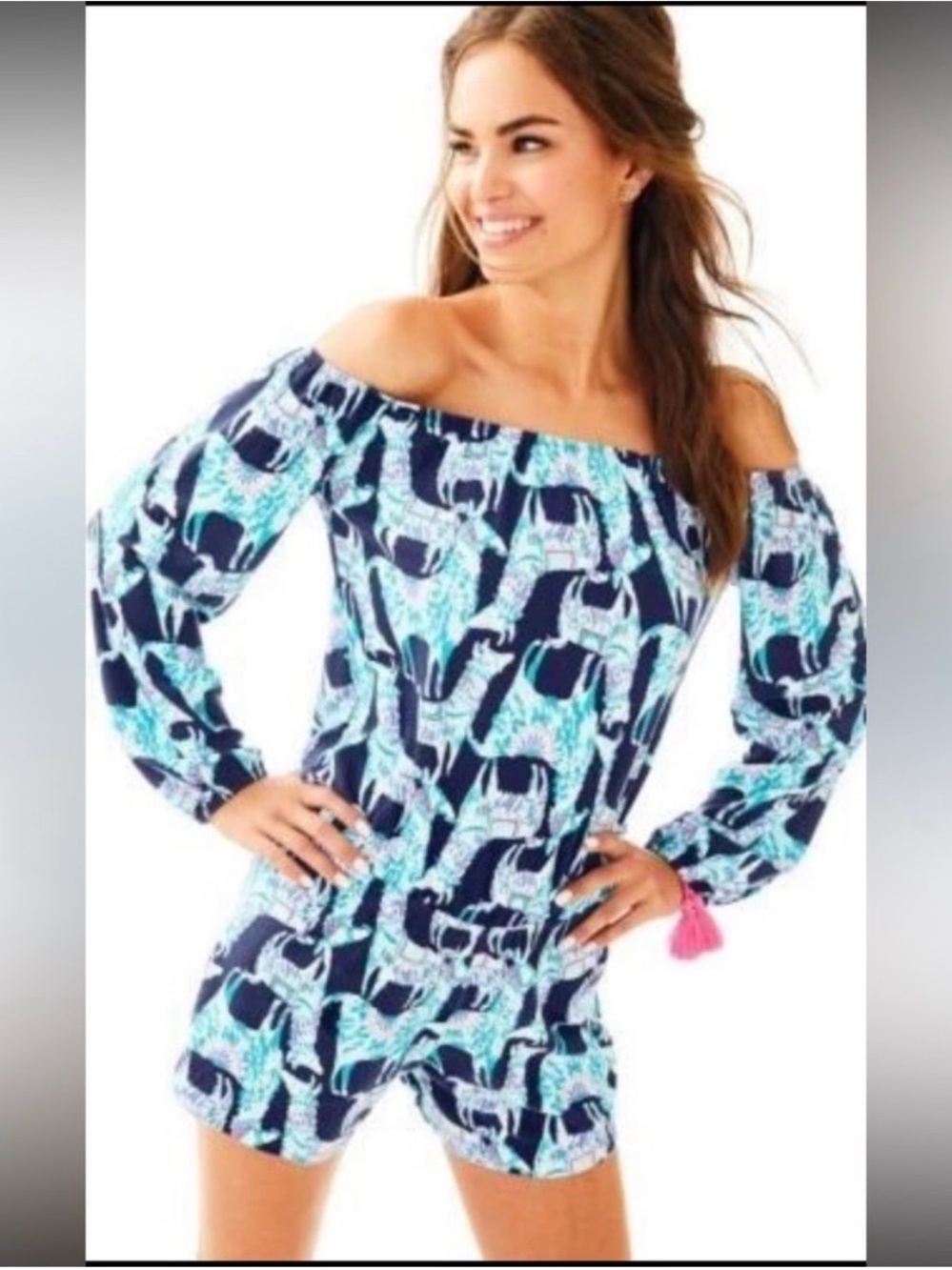 Lilly Pulitzer Navy & Aqua Off-Shoulder Llama Print Romper S